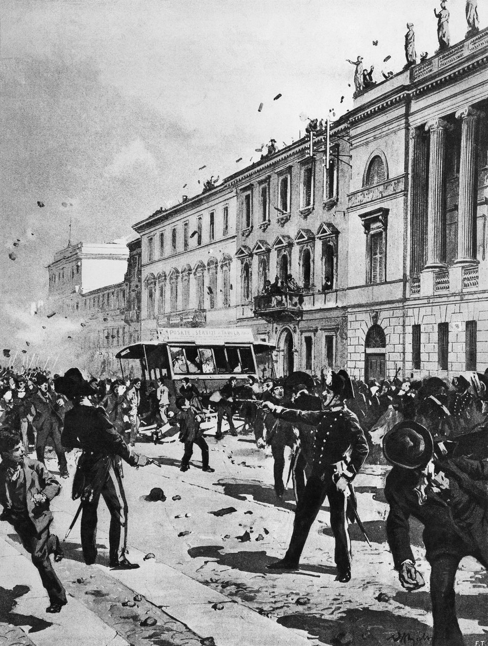 Choque entre manifestantes e polícia em Milão, Corso Venezia, em frente ao Palazzo Saporiti, 7 de maio de Achille Beltrame