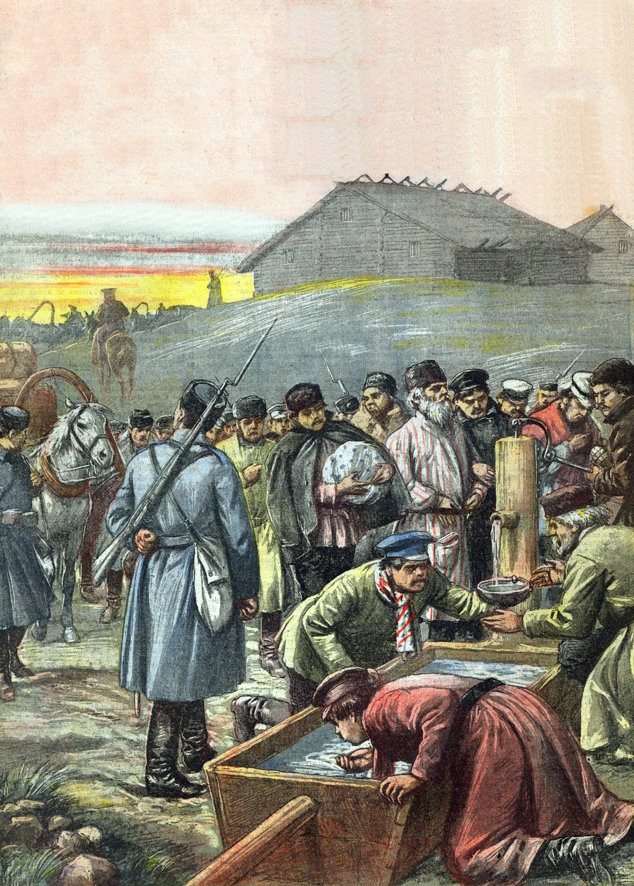 Comboio de prisioneiros políticos russos deportados em trânsito para o exílio na Sibéria, ilustração da revista "La Tribuna Illustrata", 4 de agosto de 1907 de Achille Beltrame