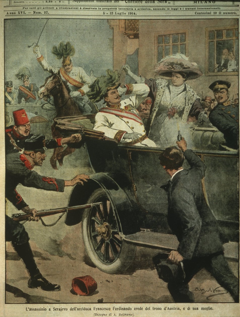 Ilustração da capa do Assassinato do Arquiduque Franz Ferdinand da Áustria, herdeiro do trono austro-húngaro, Sarajevo de Achille Beltrame