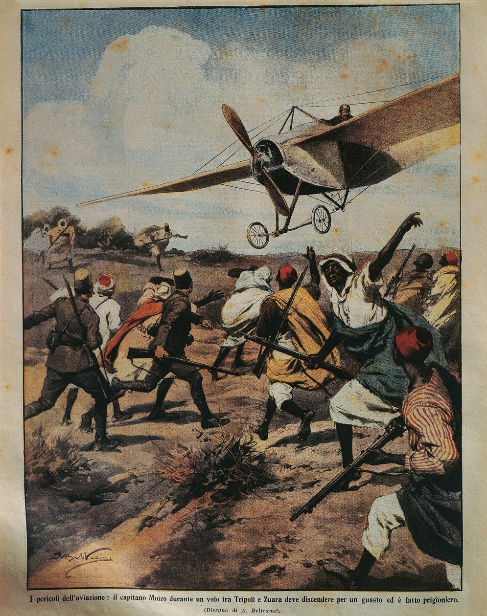 Ilustração da capa da tentativa do Capitão Moizo de aterrar durante a Campanha Africana, por Achille Beltrame (1871-1945), de La Domenica del Corriere, 22 de Setembro de 1912 de Achille Beltrame