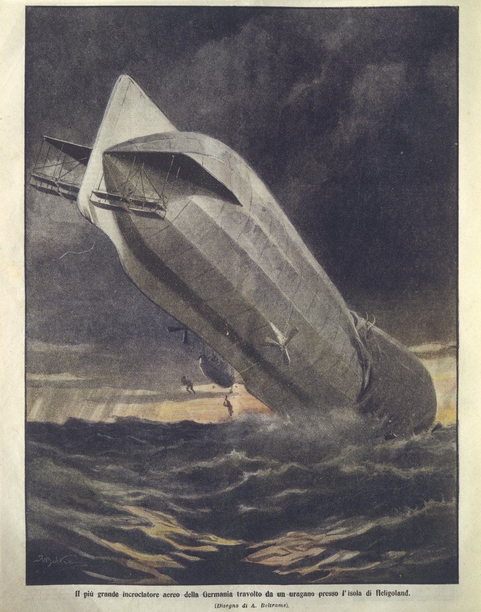Ilustração da capa do cruzador alemão sendo varrido pelo furacão perto da ilha de Heligoland de Achille Beltrame
