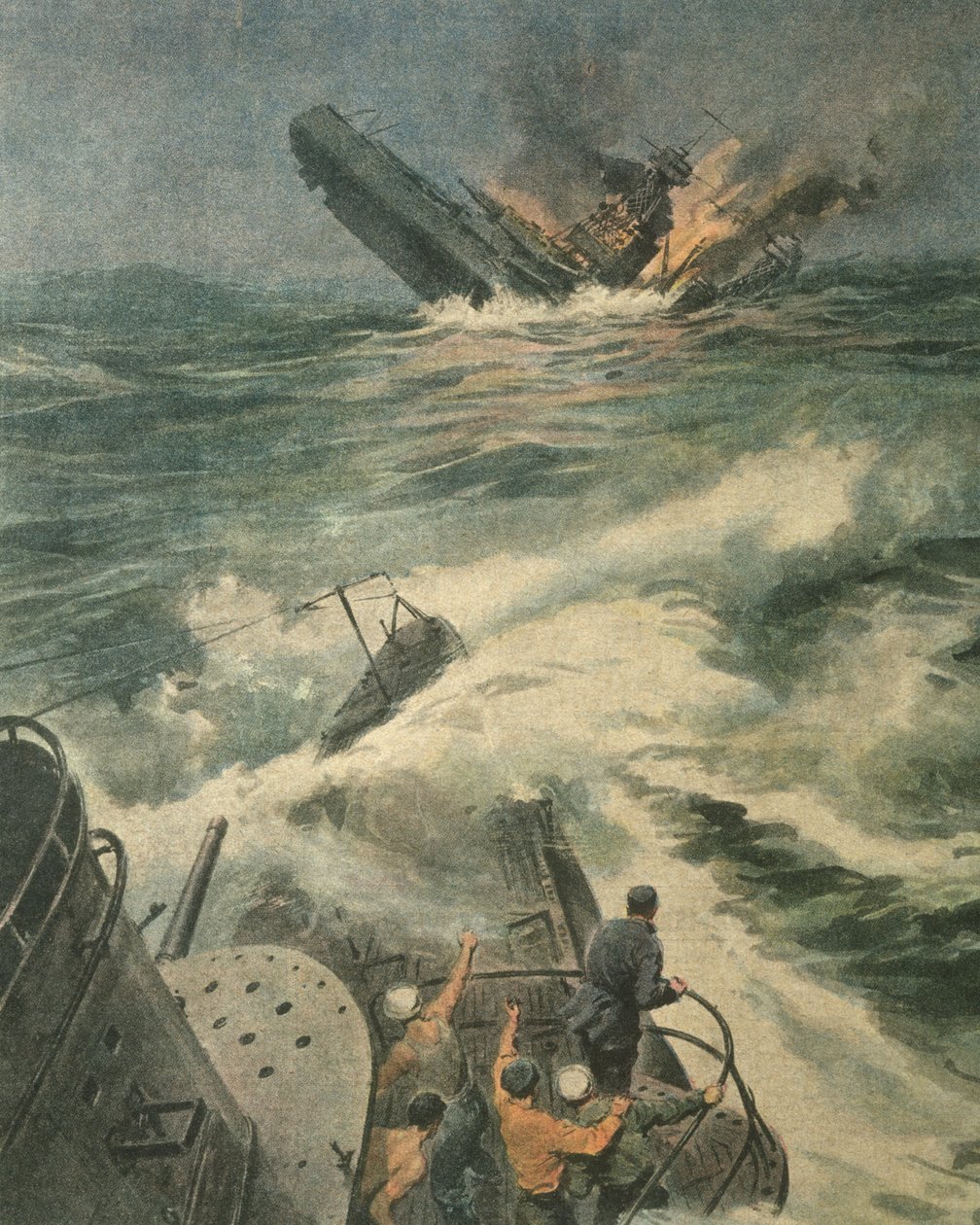 Ilustração da capa do navio de guerra americano de classe Maryland afundado pelo submarino italiano Barbarigo no Oceano Atlântico, durante a Segunda Guerra Mundial. de Achille Beltrame