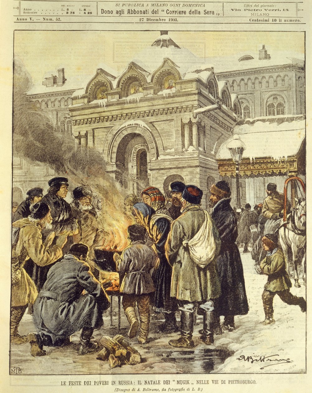 Ilustração da capa de Mujiks celebrando o Natal nas ruas de São Petersburgo, Rússia de Achille Beltrame