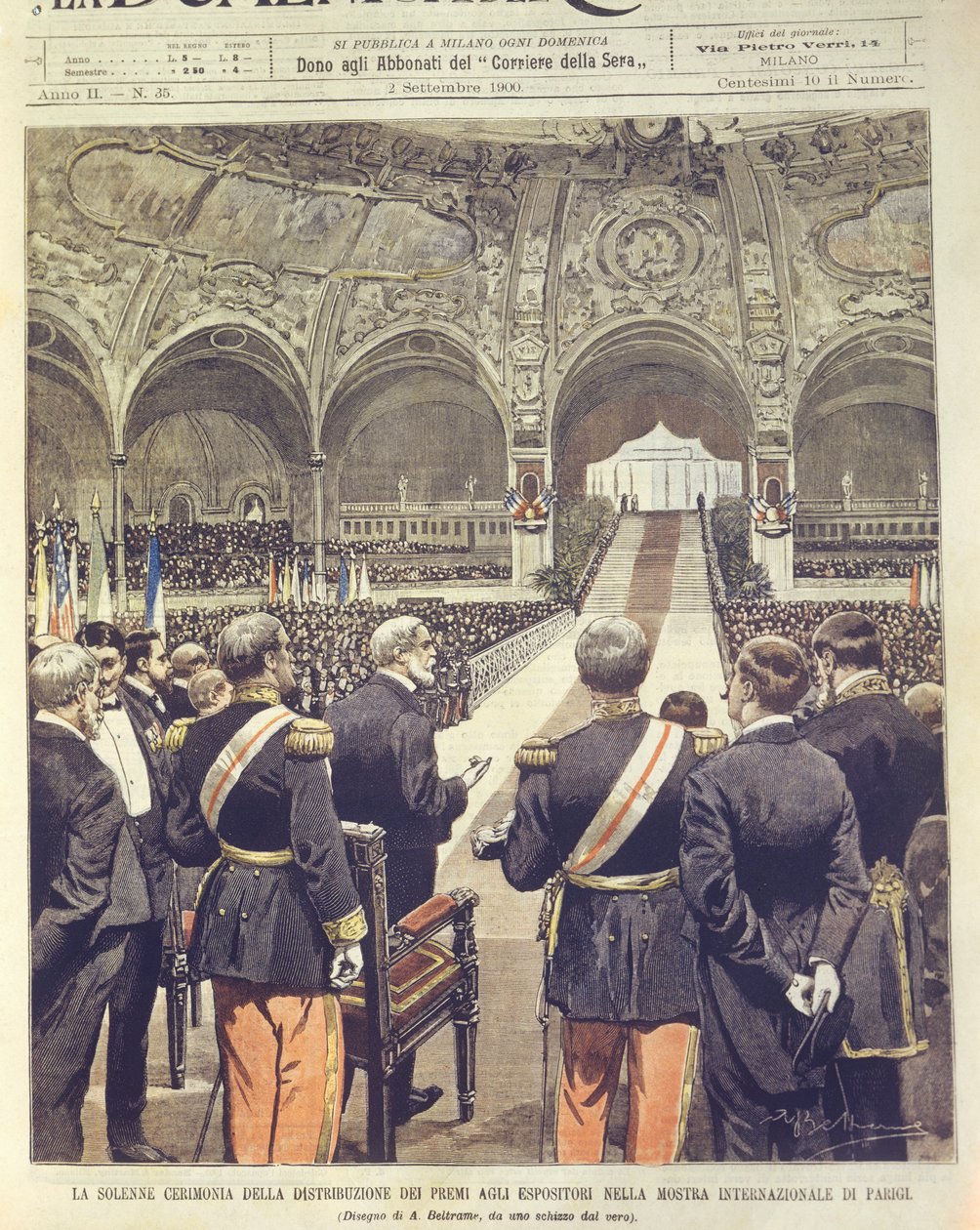 Ilustração da capa da cerimónia solene de entrega de prémios na Exposição Universal de 1900 em Paris, França de Achille Beltrame