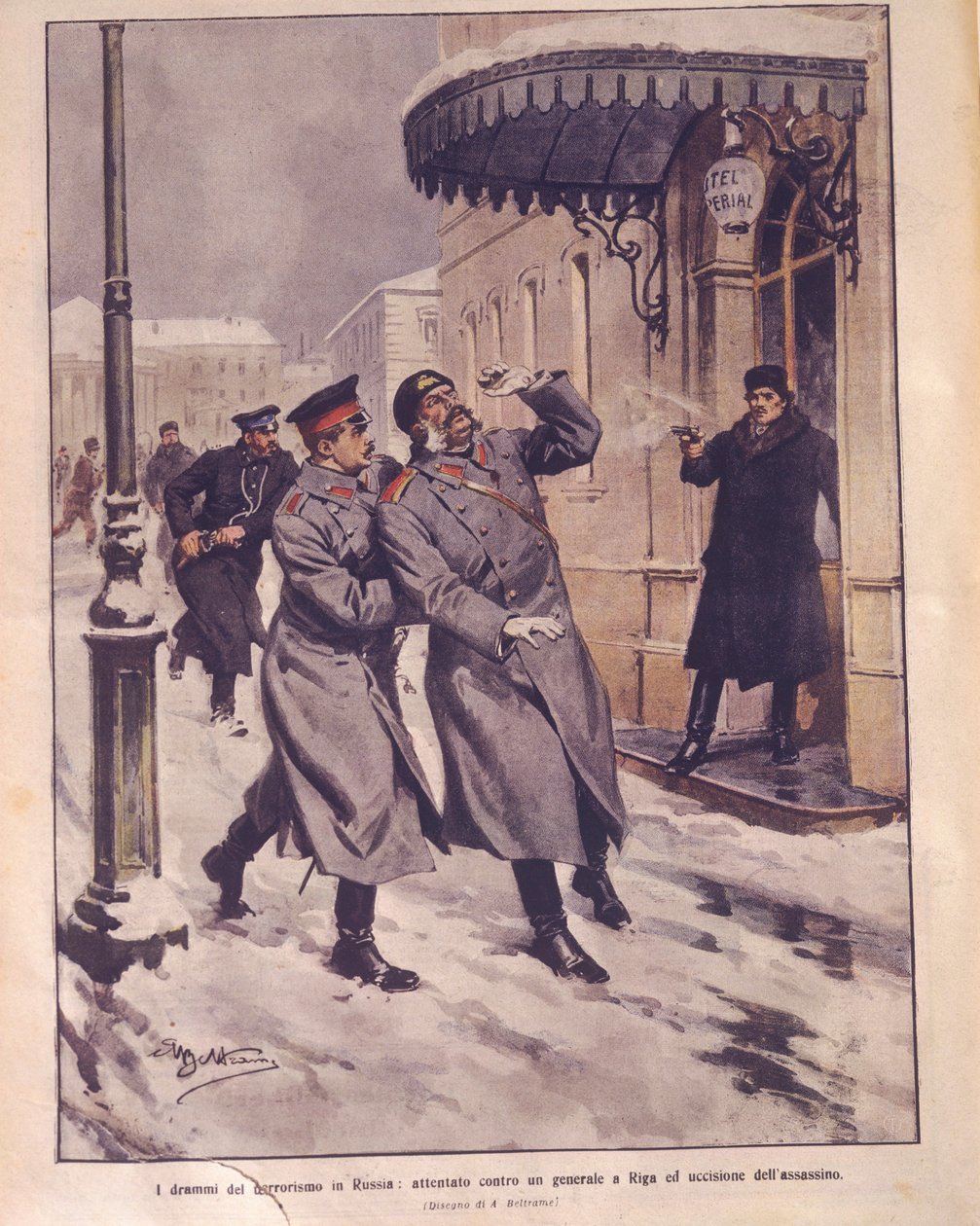 Ilustração da capa do Terrorismo no Império Russo; atentado contra a vida e morte do agressor em Riga de Achille Beltrame