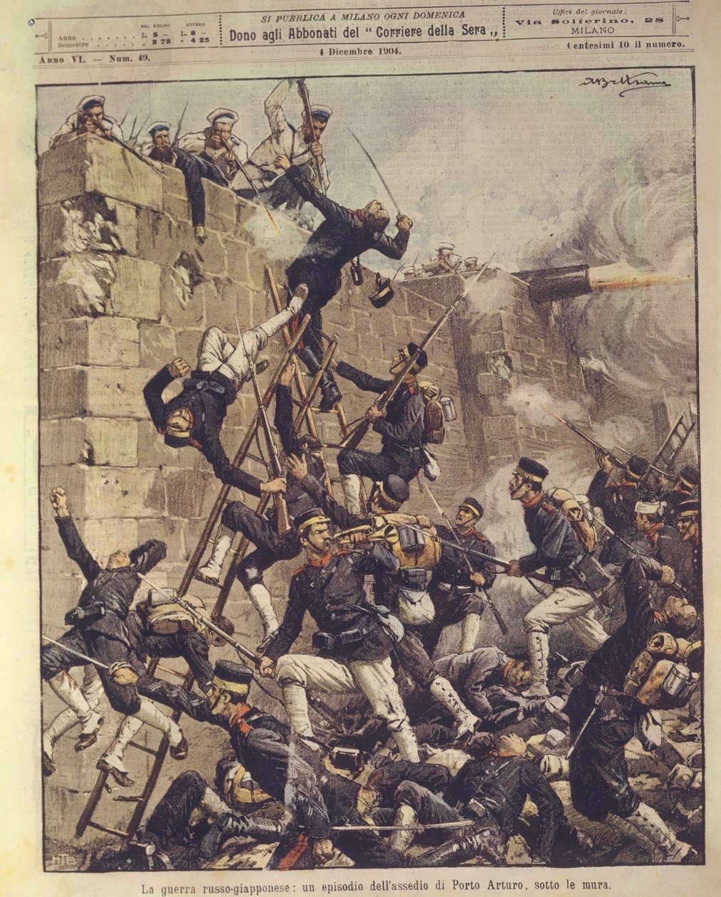 Ilustração da capa do Cerco de Port Arthur na China durante a Guerra Russo-Japonesa de 1904-1905 de Achille Beltrame