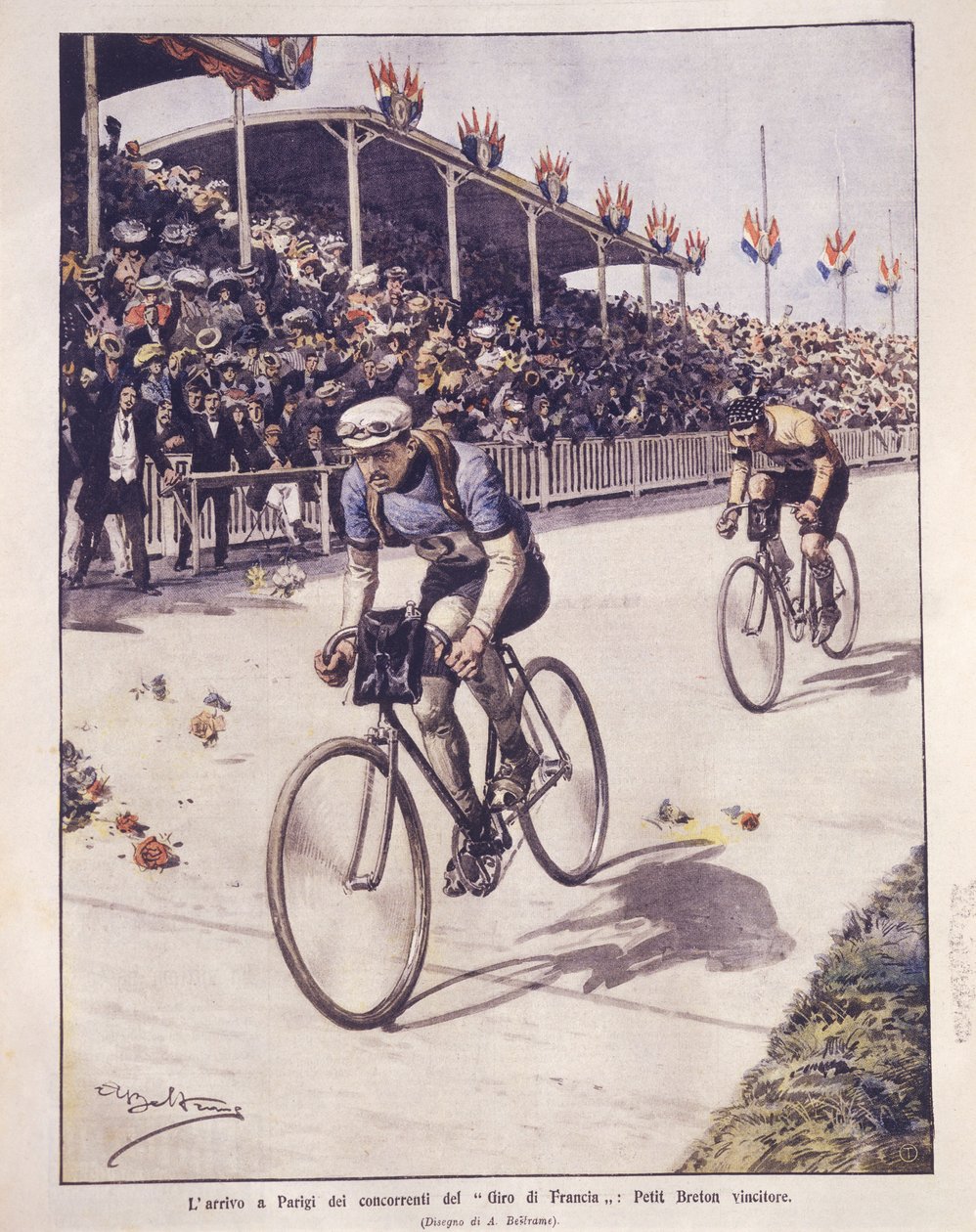 Ilustração da capa da chegada dos cavaleiros do Tour de France, com o vencedor Petit-Breton; Paris, França de Achille Beltrame