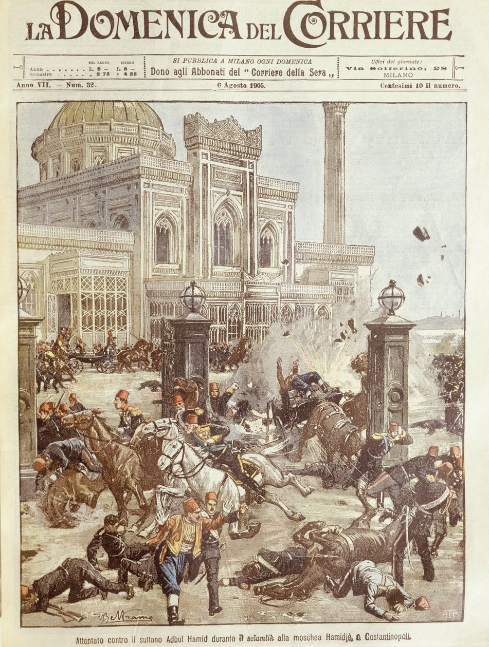 Ilustração da capa da tentativa de assassinato contra o Sultão Abdul Hamid em Constantinopla de Achille Beltrame