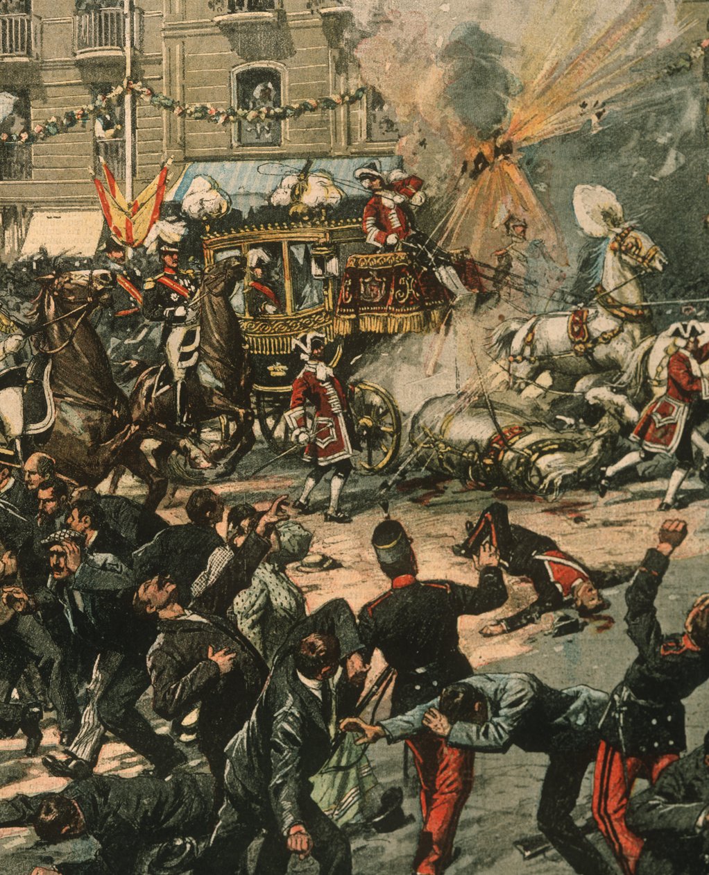 Ilustração da capa da tentativa de assassinato do rei Alfonso XIII no dia do seu casamento, 31 de Maio de 1906, Madrid, Espanha de Achille Beltrame