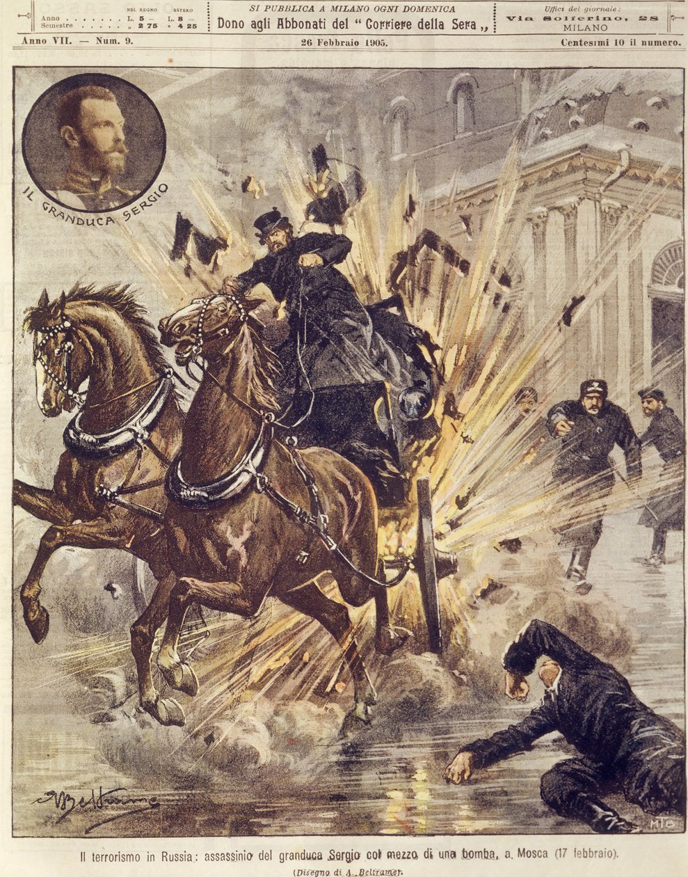 Ilustração da capa do assassinato do Grão-Duque Sergei Alexandrovich Romanov por bomba terrorista em Moscovo, Rússia de Achille Beltrame
