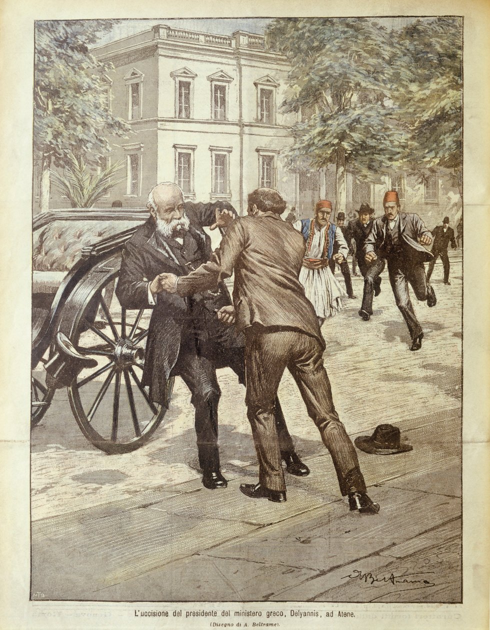 Ilustração da capa do assassinato do primeiro-ministro grego Delyannis; Atenas, Grécia de Achille Beltrame
