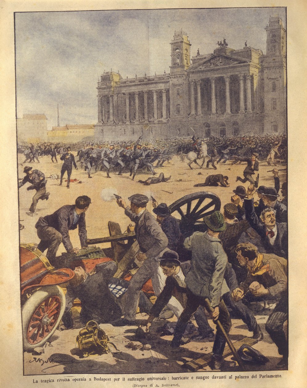 Ilustração da capa da luta na Praça do Parlamento durante a rebelião de Budapeste de Achille Beltrame