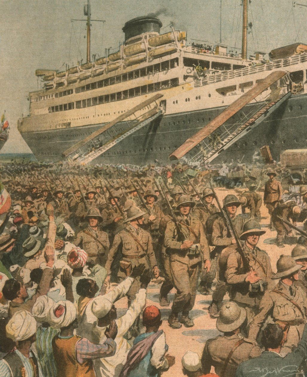 Ilustração da capa do desembarque das tropas italianas na África Oriental de Achille Beltrame
