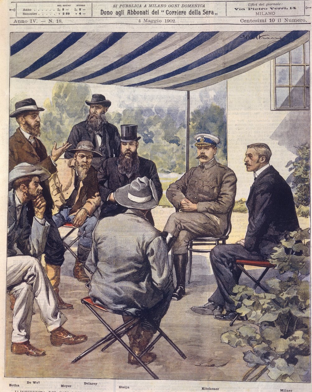 Ilustração da capa das negociações para o tratado de paz durante as Guerras Anglo-Zulu e Anglo-Boer de 1850-1902 de Achille Beltrame