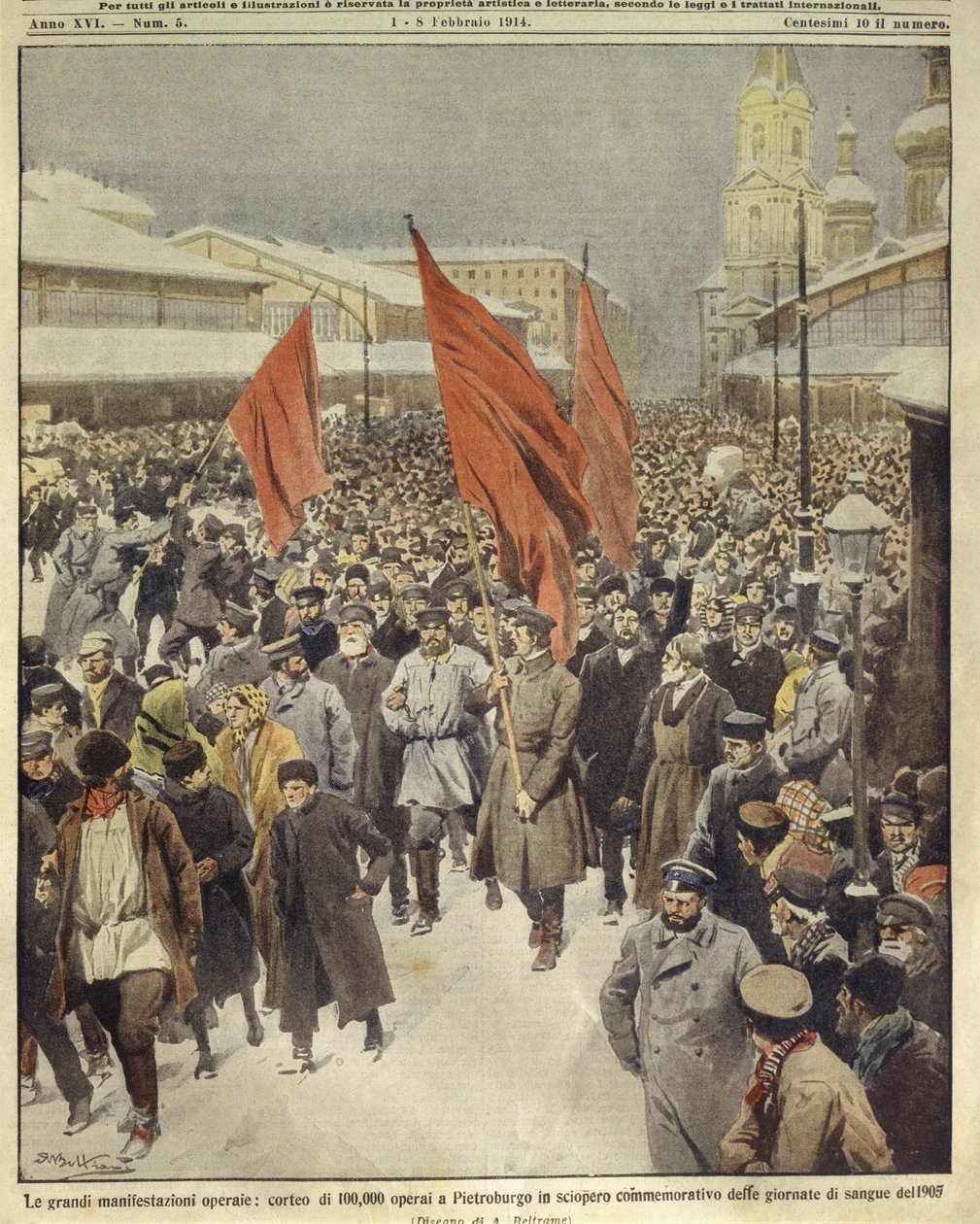 Ilustração da capa de cem mil trabalhadores marchando para comemorar o Domingo Sangrento de 1905; São Petersburgo, Rússia de Achille Beltrame
