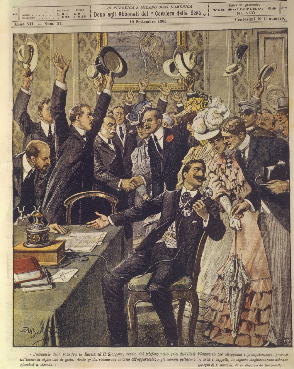 Ilustração da capa de pessoas celebrando o anúncio do tratado de paz entre a Rússia e o Japão, durante a Guerra Russo-Japonesa de 1904-1905 de Achille Beltrame