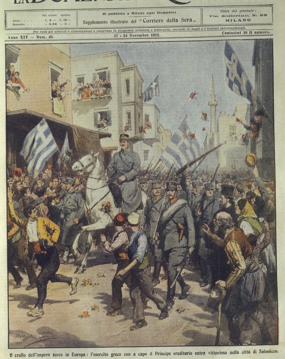 Ilustração da capa do vitorioso exército grego que entrou em Salónica durante a queda do Império Turco de Achille Beltrame