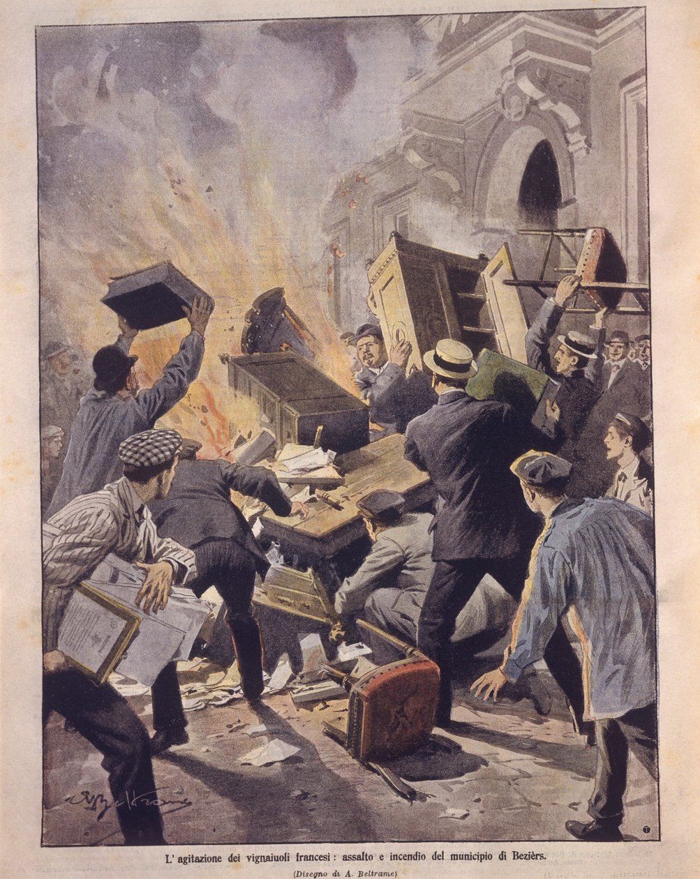 Ilustração da capa de vinicultores incendiando a Prefeitura de Beziers durante revoltas na França de Achille Beltrame