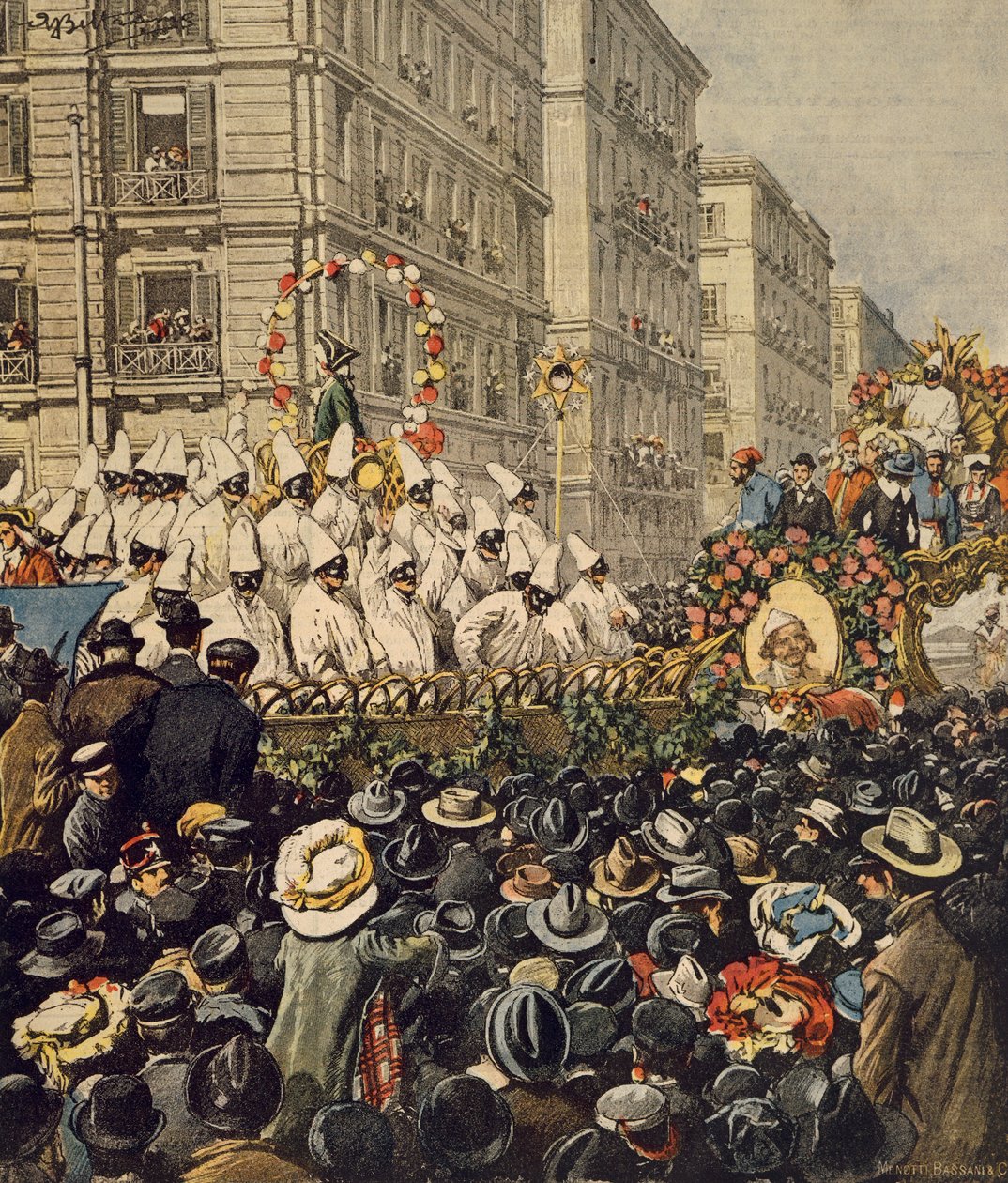 Multidões durante o carnaval em Nápoles, de Achille Beltrame, ilustração, Ilustrador Achille Beltrame (1871-1945), de La Domenica del Corriere, 31 de Janeiro de 1904 de Achille Beltrame