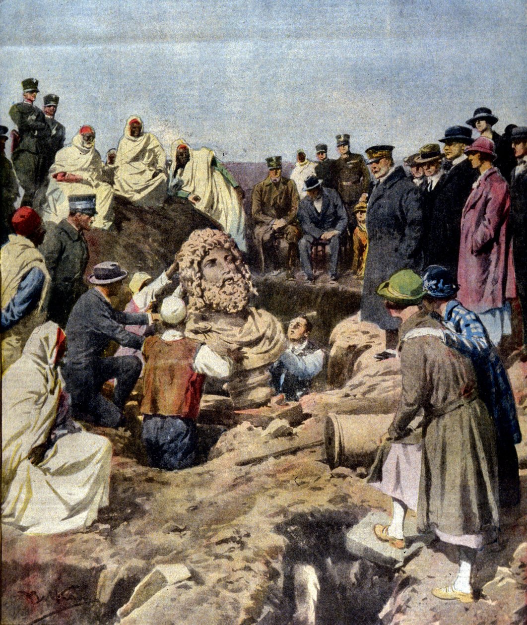 Descoberta de um busto de Júpiter no Sabratha, na Líbia, em 1925. ilustração de Achille Beltrame de Achille Beltrame
