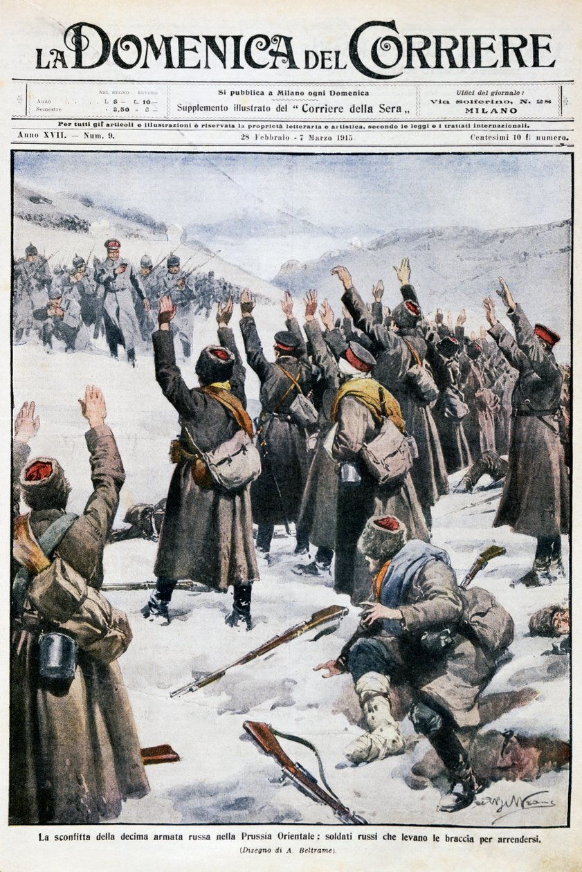 A derrota do décimo exército russo na Prússia Oriental: Soldados russos levantando suas armas em rendição, placa de Achille Beltrame (1871-1945) de La Domenica del Corriere, 28 de fevereiro a 7 de março de 1915 de Achille Beltrame