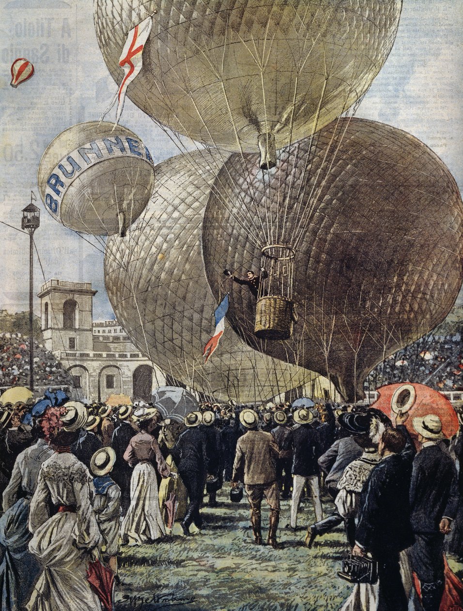 Partida de balão de ar quente no Salão Aéreo de Milão, ilustração de Achille Beltrame de La Domenica del Corriere, 19 de junho de Achille Beltrame