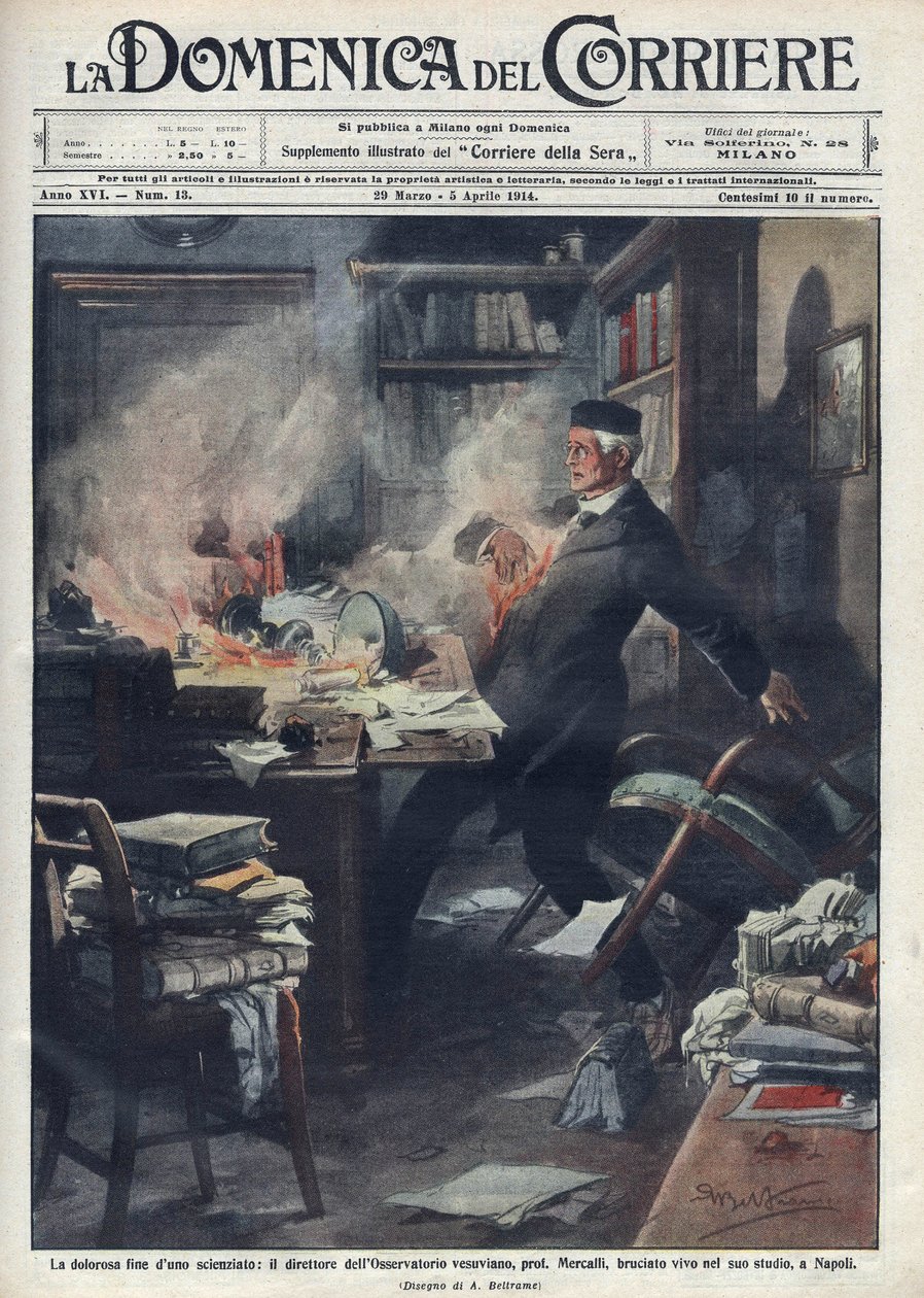 Morreu em seu laboratório em Nápoles por Giuseppe Mercalli (1850 -1914), sismólogo e vulcanólogo italiano. Ilustração de Achille Beltrame para "La domenica del corriere". 1914. de Achille Beltrame