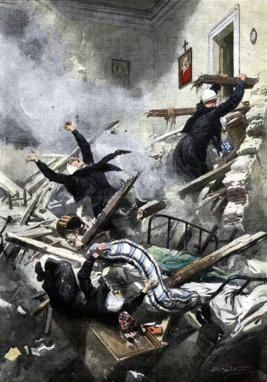 Desastre num edifício em Génova: as boas irmãs desapareceram no colapso de dois apartamentos. Ill. de Beltrame. "La Domenica del Corriere". 04/1914. de Achille Beltrame