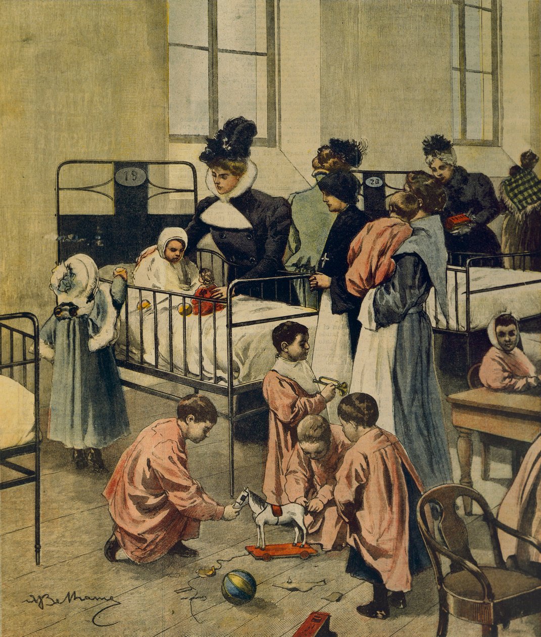 Distribuição de presentes de Natal a crianças pobres no hospital, por Achille Beltrame, ilustração, Ilustrador Achille Beltrame (1871-1945), de La Domenica del Corriere, 23 de novembro de 1900 de Achille Beltrame