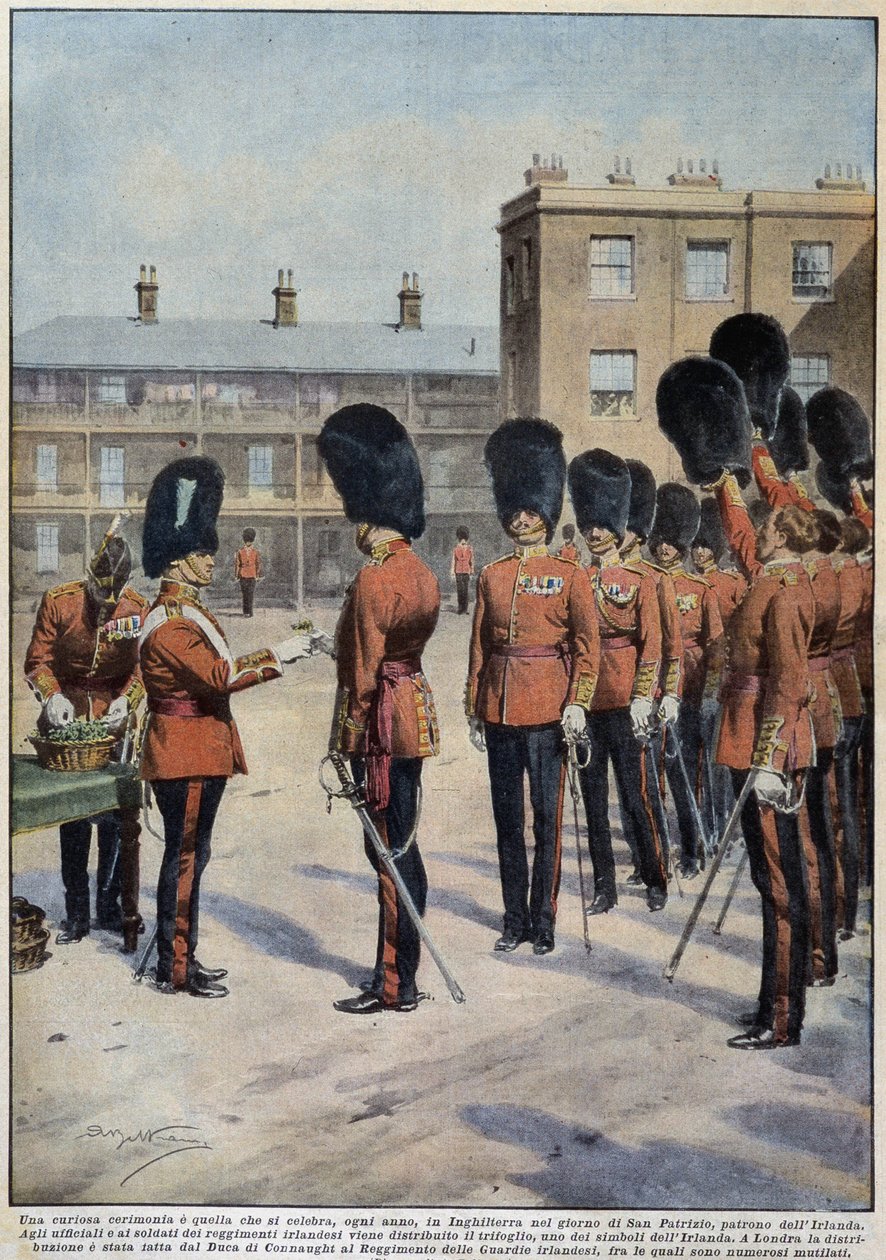 Distribuição de trevo para Saint Patrick (Patrono da Irlanda) por regimentos irlandeses, Inglaterra - desenho de A. Beltrame, em "La Domenica del Corriere". de Achille Beltrame