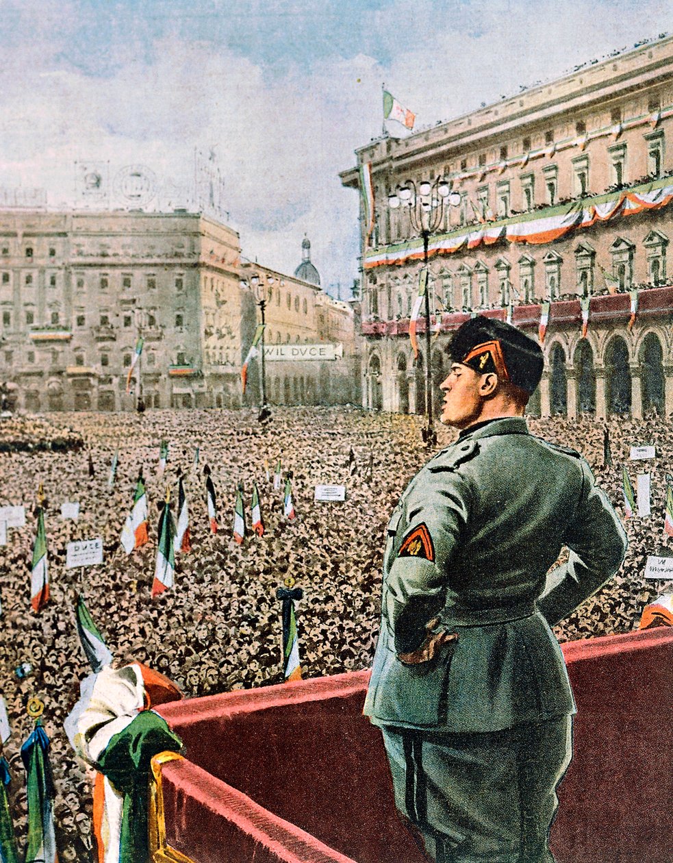 Discurso de Achille Beltrame (1871-1945), de La Domenica del Corriere, maio de 1930, na Piazza Duomo de Milão. de Achille Beltrame