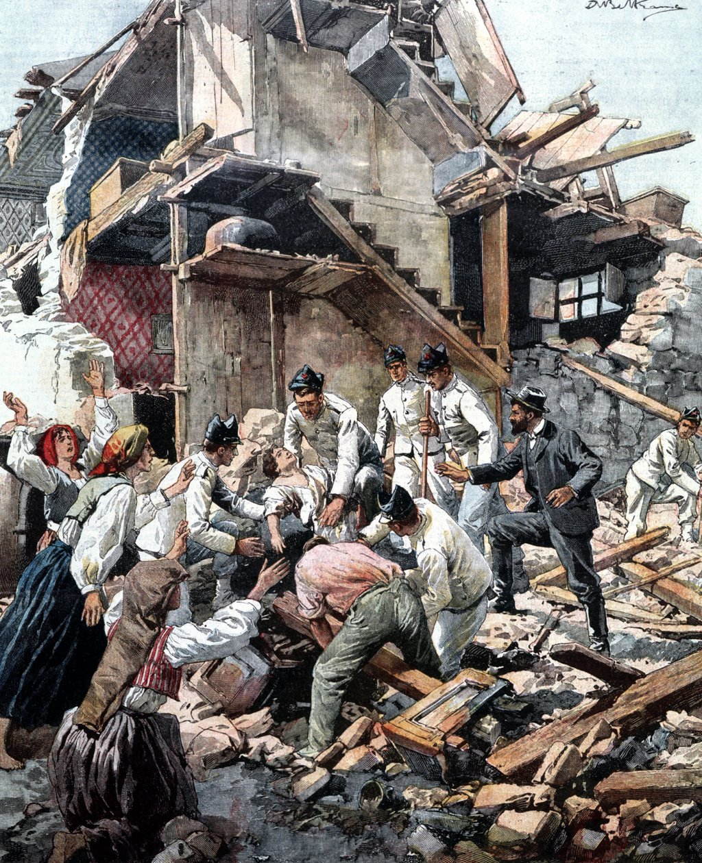 Terremoto em Reggio (Calábria) em 28/12/1908. Soldados estão procurando nos escombros as vítimas do terremoto. Ilustração de Beltrame. de Achille Beltrame
