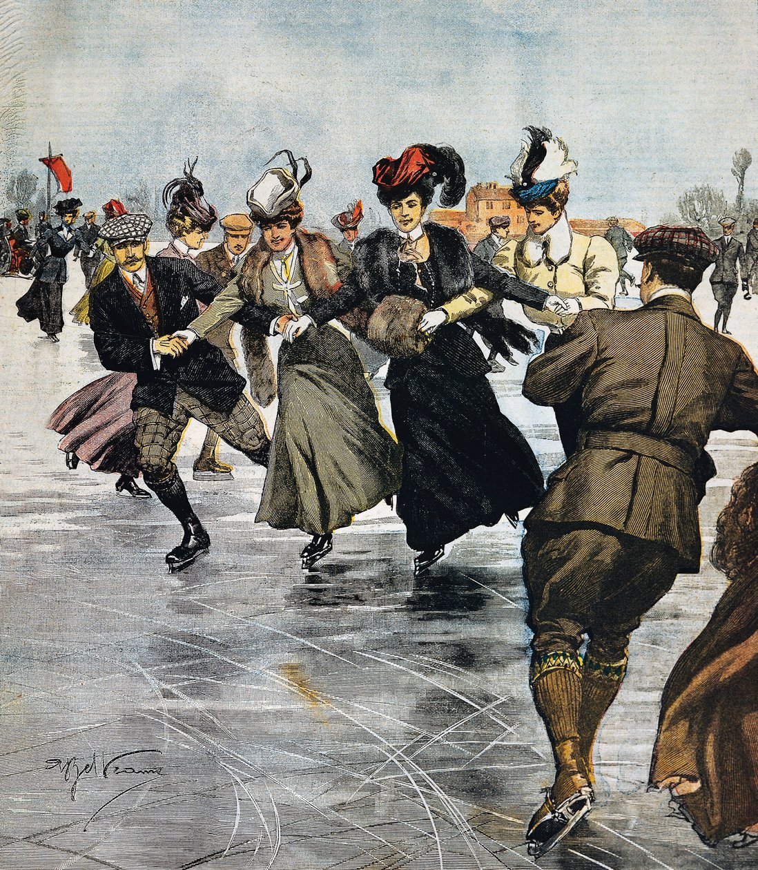 En vogue pastimes, patinação no gelo, ilustração de Achille Beltrame (1871-1945), de La Domenica del Corriere, 27 de janeiro de Achille Beltrame