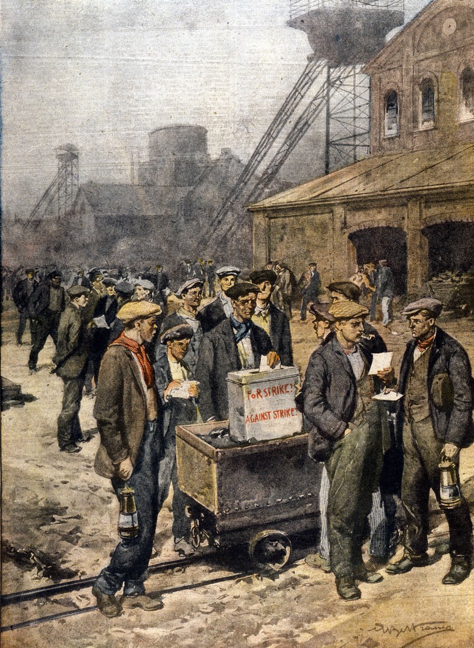 A greve dos mineiros ingleses. Ilustração de Achille Beltrame. "La Domenica del Corriere" de Achille Beltrame