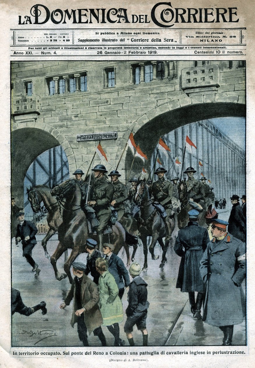 Presença inglesa na Alemanha: tropas militares em uma ponte do Reno em Colônia. Ilustração de Beltrame. La Domenica del Corriere. 01/1919. de Achille Beltrame