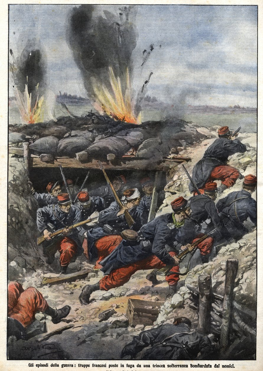 Episódio da Guerra de 1914: Tropas francesas nas trincheiras são bombardeadas por inimigos. "La Domenica del Corriere" de Achille Beltrame