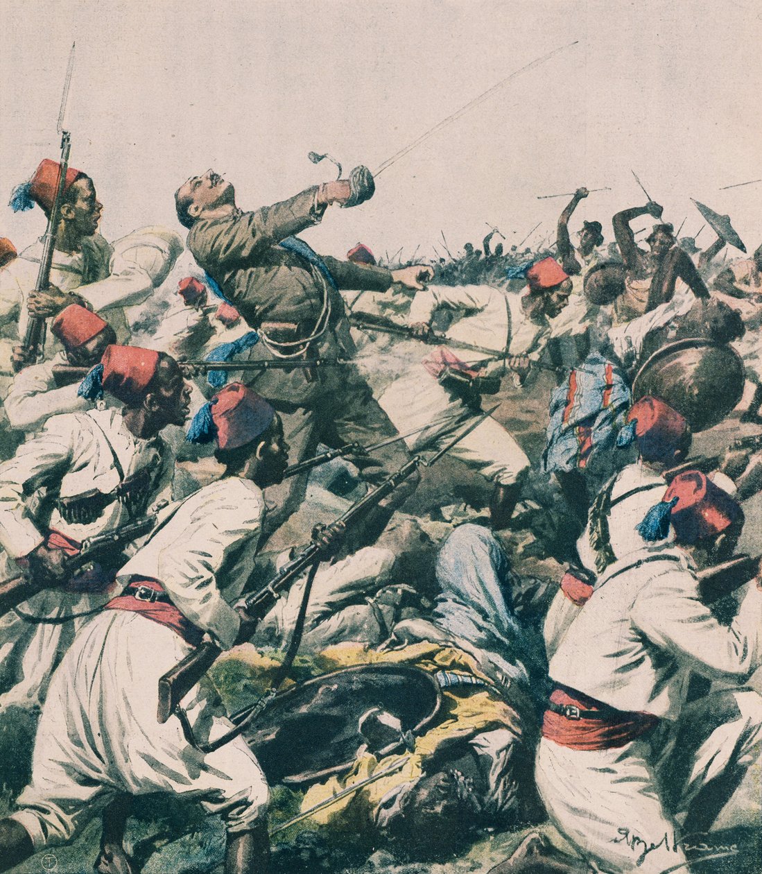 Ataque etíope à guarnição de Lugh e morte do Capitão Bongiovanni, por Achille Beltrame, ilustração, Achille Beltrame (1871-1945), de La Domenica del Corriere de Achille Beltrame