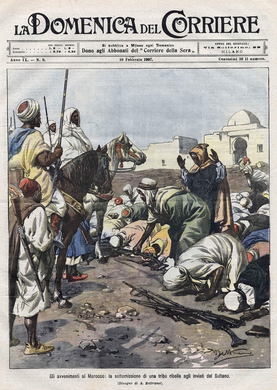 Acontecimentos em Marrocos: uma tribo rebelde rende-se aos representantes do sultão. Ilustração de Beltrame. La Domenica del Corriere de Achille Beltrame