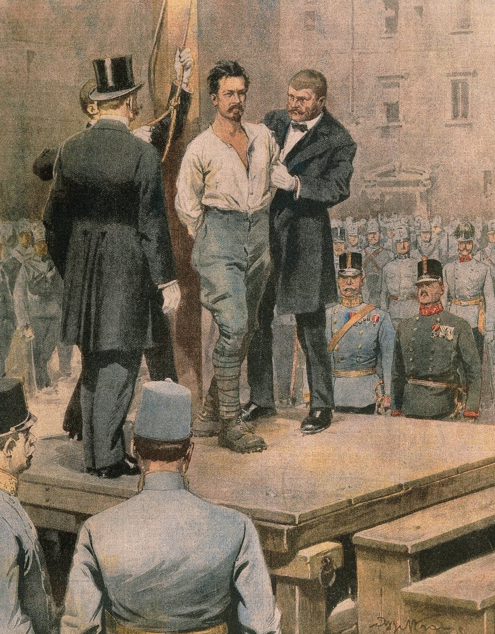 Execução de Cesare Battisti em Trento, de Achille Beltrame, ilustração, ilustrador Achille Beltrame (1871-1945), de La Domenica del Corriere, julho de 1916 de Achille Beltrame