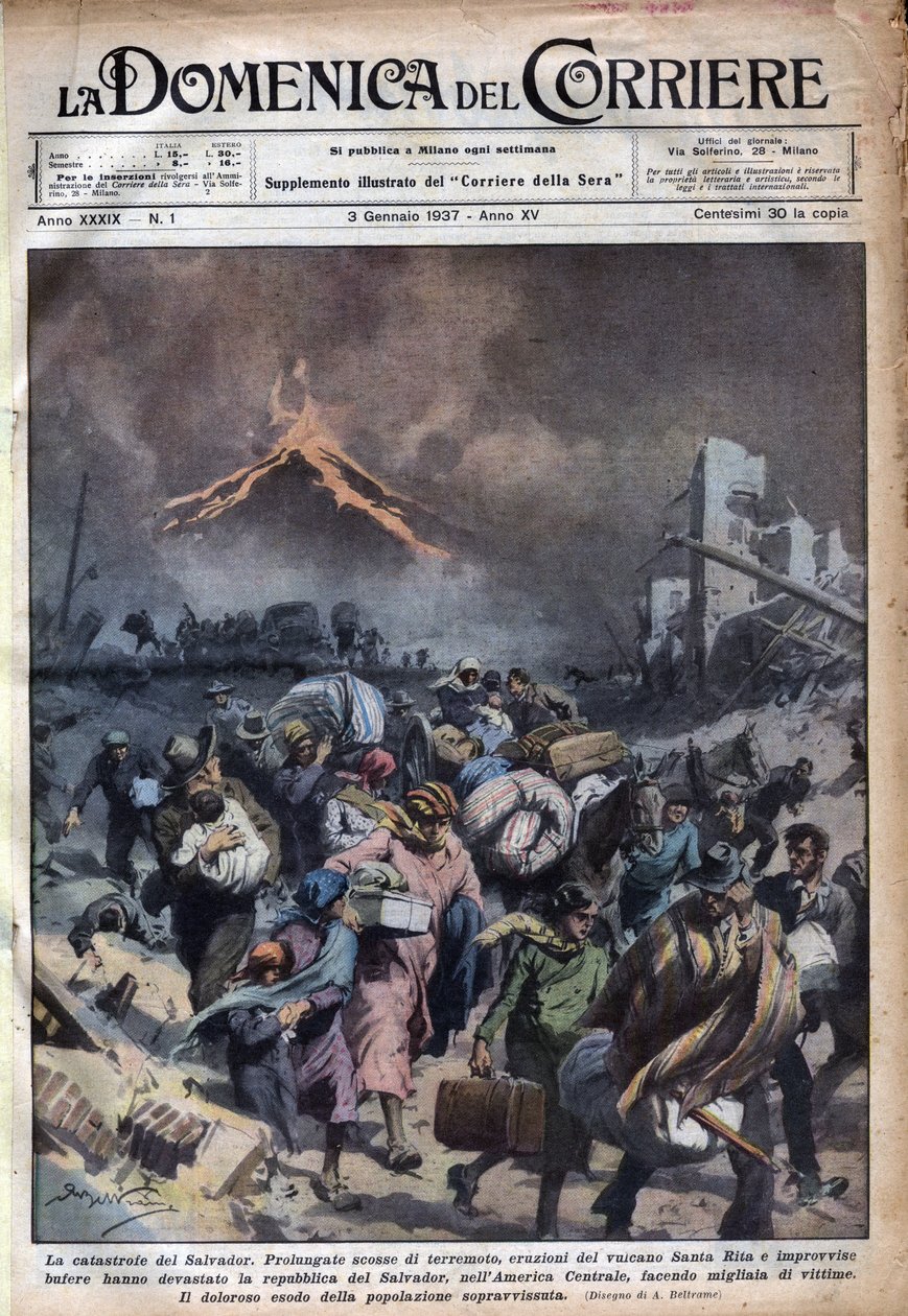 Exodo da população de El Salvador após o terremoto e as erupções do vulcão Santa Rita. Ilustração de Achille Beltrame em "La domenica del corriere" 03/01/1937. de Achille Beltrame