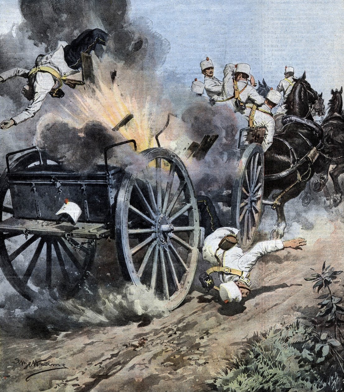 Explosão de uma caixa de artilharia perto de Capannori, na região de Lucca, durante a movimentação do 7º Regimento de Artilharia do Armee Italiano. Ill. de Beltrame. La Domenica del Corriere. 08/1909. de Achille Beltrame