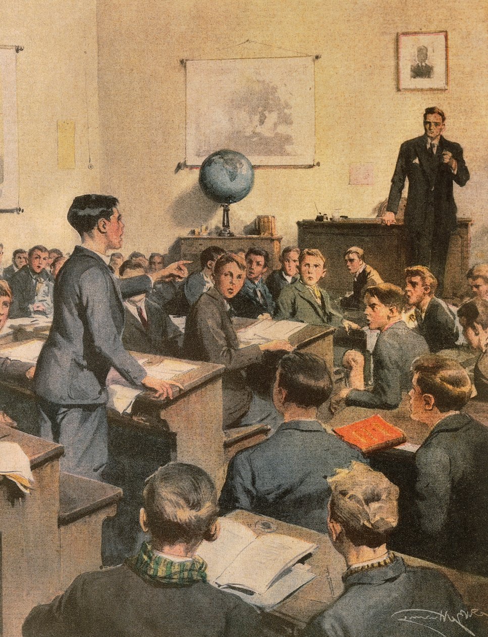 Combate ao analfabetismo, crianças na escola, por Achille Beltrame, ilustração, Ilustrador Achille Beltrame (1871-1945), de La Domenica del Corriere de Achille Beltrame