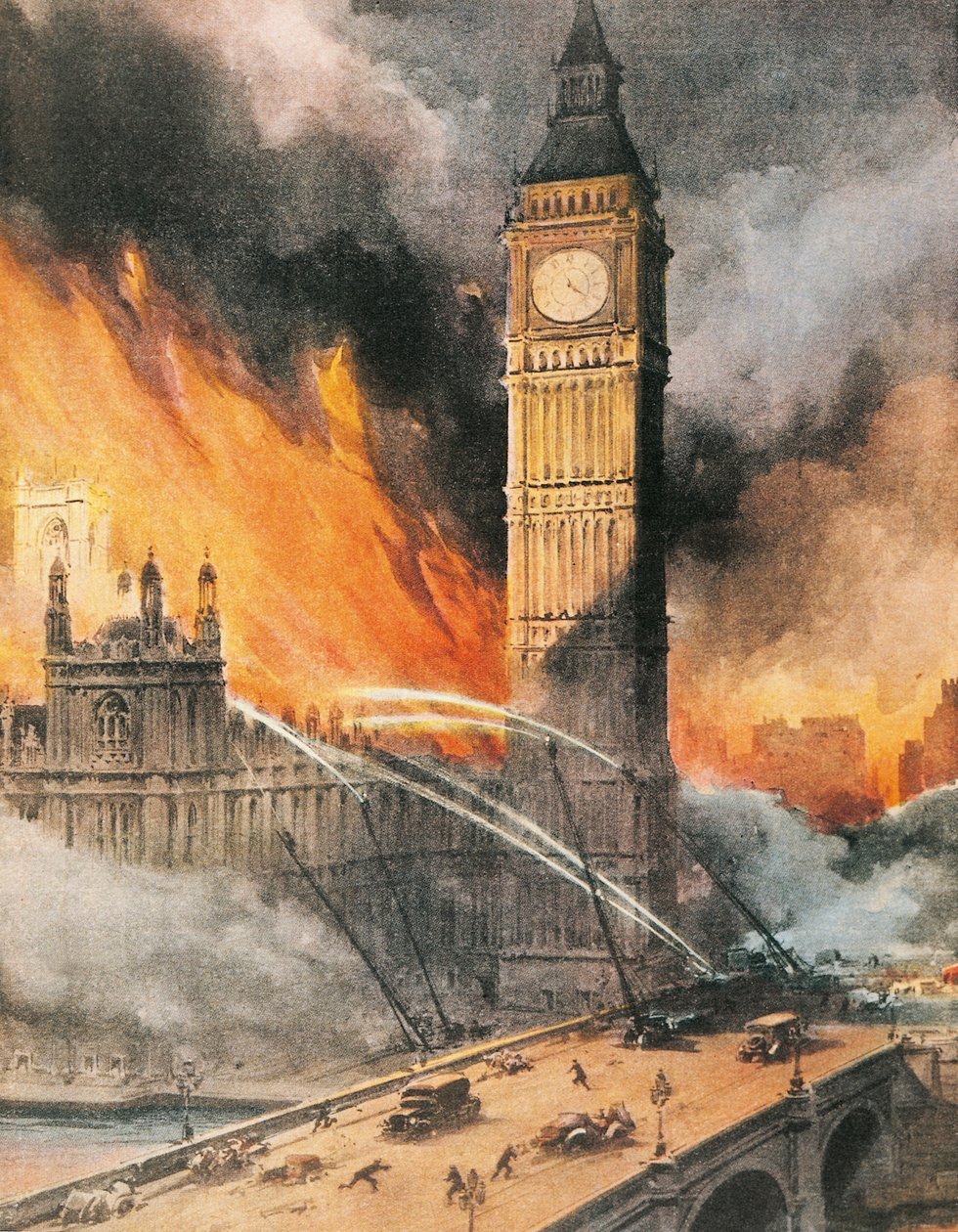 Incêndio no Palácio Westminster, Londres, após bombardeio alemão, ilustração do "The Sunday Courier". de Achille Beltrame