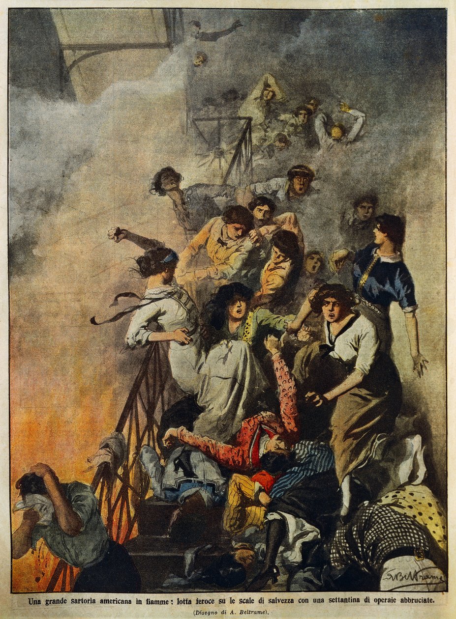 Incêndio em grande fábrica têxtil americana: trabalhadores em escadas, ilustração de Achille Beltrame (1871-1945), de La Domenica del Corriere, 10 de agosto de Achille Beltrame