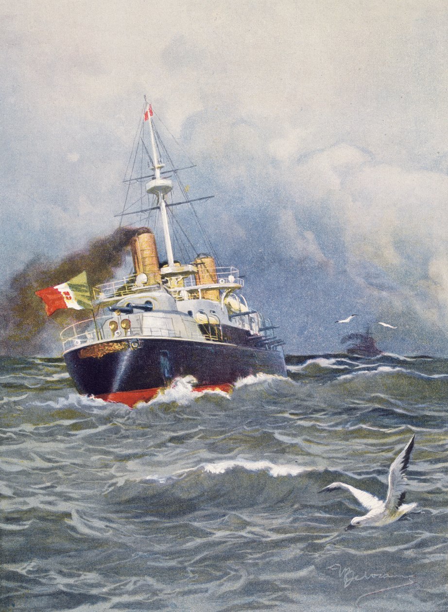 Navio de batalha de primeira classe Re Umberto, ilustração de Achille Beltrame (1871-1945) da revista semanal L