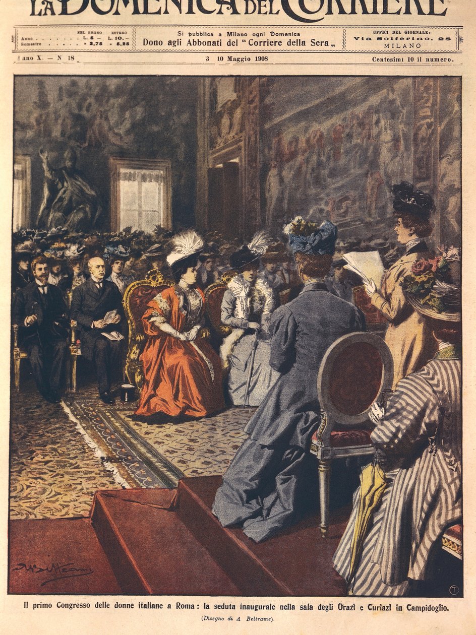 Primeiro congresso italiano feminino no Capitólio, Roma, ilustração de Achille Beltrame de La Domenica del Corriere, 3 de maio de Achille Beltrame