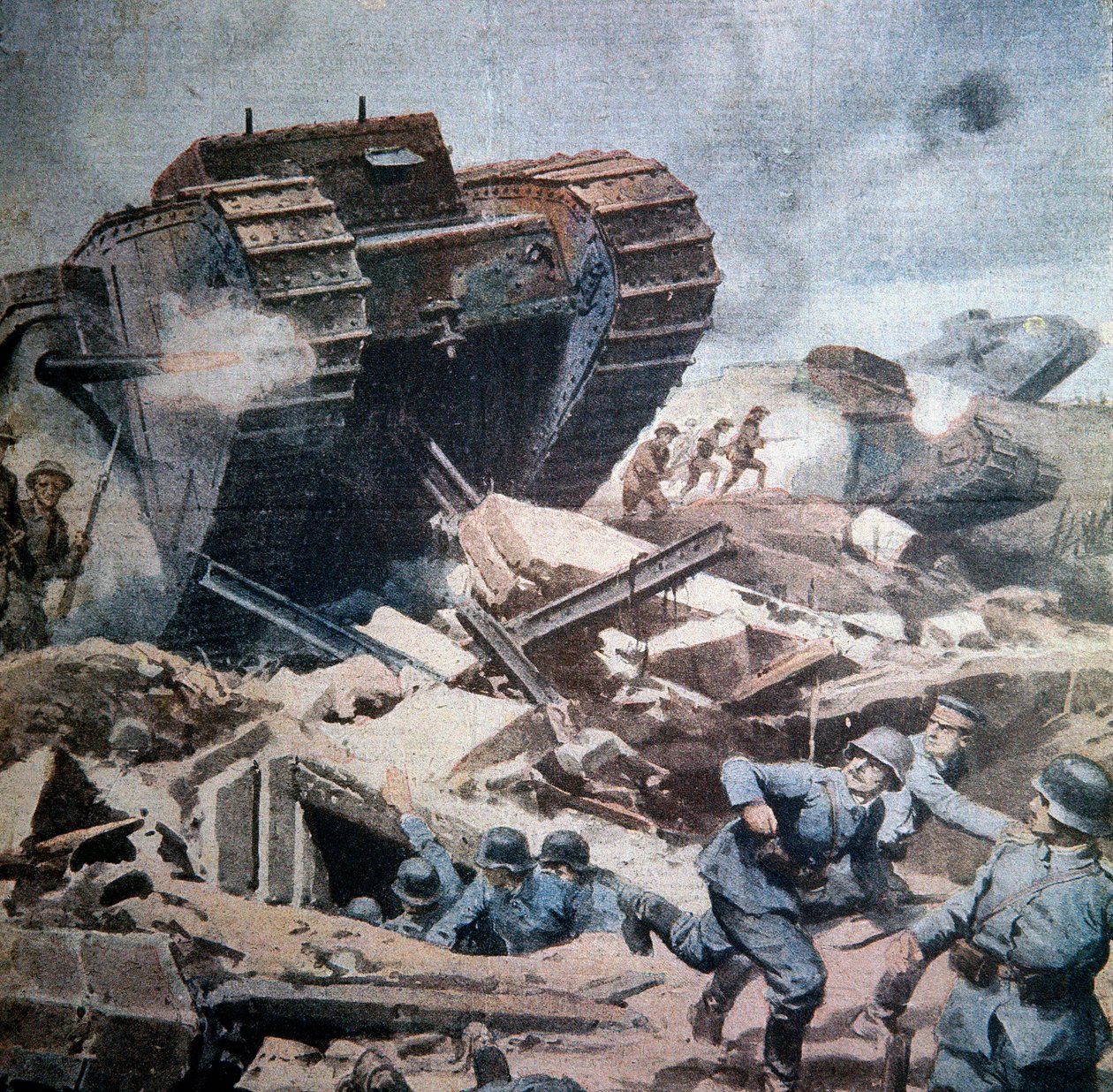 Primeira Guerra Mundial (1914-1918): "Assalto a tanques ingleses na Picardia" Ilustração de Achilles beltrame de La Domenica del Corriere 1916 de Achille Beltrame