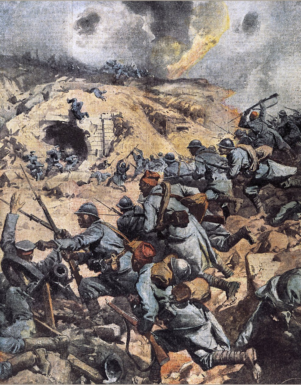 Primeira Guerra Mundial: "as tropas coloniais (regimento de infantaria marroquino, tirailleurs senegaleses) invadiram o forte de Douaumont perto de Verdun, ocupado pelo exército alemão, terminando a batalha de Verdun, 24/10/1916" (Primeira Guerra Mundial:  de Achille Beltrame