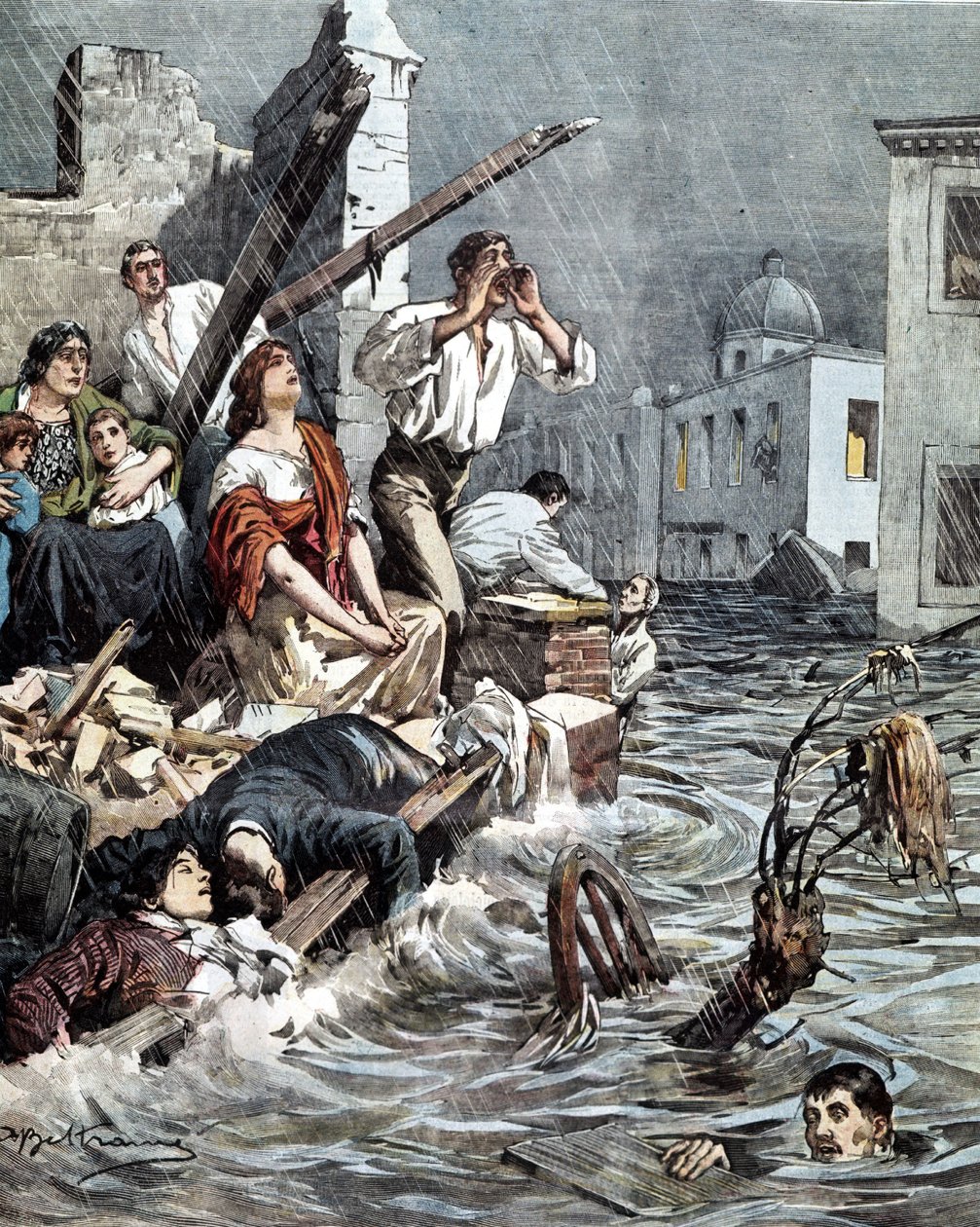Inundação de Modica (Sicília) em 1901. La Domenica del Corriere. Ill. de Beltrame de Achille Beltrame