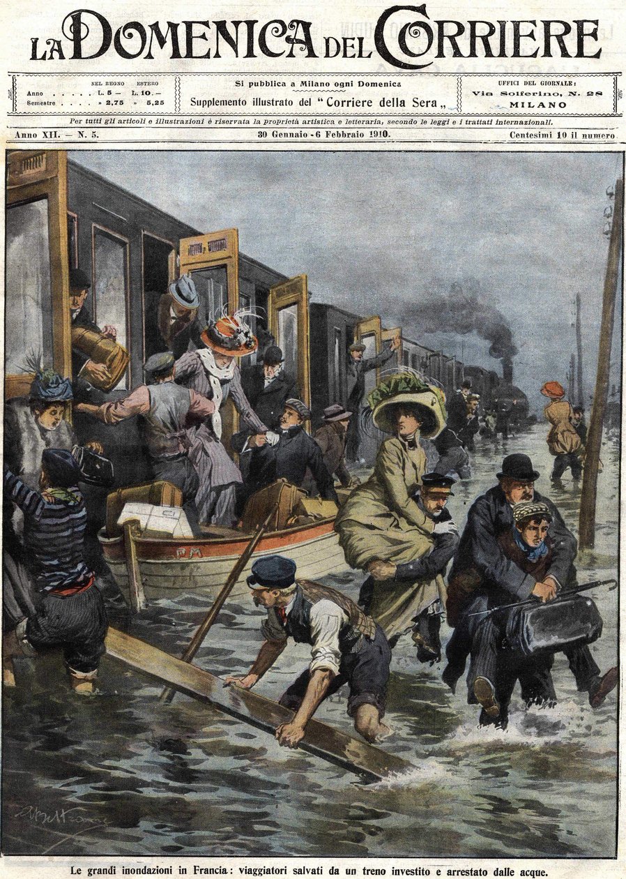 Inundações nos arredores de Paris em Janeiro de 1910 cobertura da "Domenica del corriere" de 6 de Fevereiro de Achille Beltrame